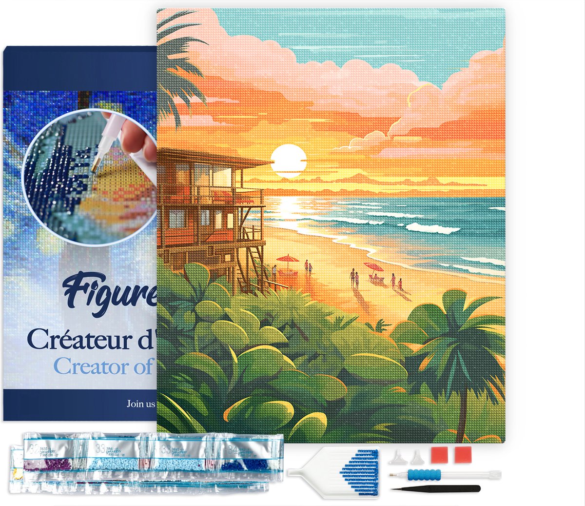 FiguredArt Diamond Painting set Volwassenen 40x50 cm met lijst Strandclub bij zonsondergang - 5D DIY Art full drill vierkante diamant - Canvas al ingelijst